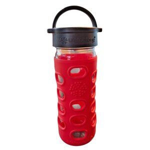 Lifefactory 12 oz Glass Water Bottle W/ Red Silicone Sleeve Easy Carry Cap